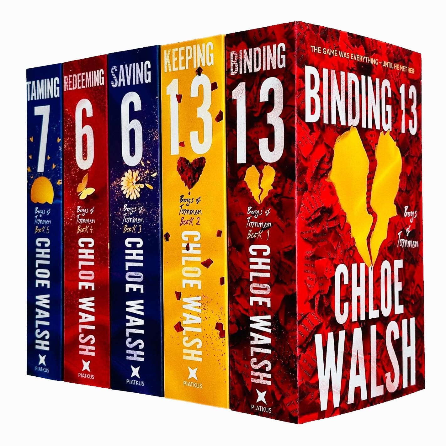 Five colorful paperback books from the "Boys of Tommen" series by Chloe Walsh, featuring bold titles and a mix of red, blue, and yellow covers with distinct numbering.