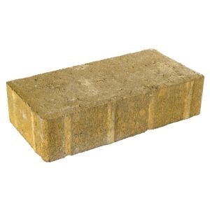 Buff-colored concrete block paving measuring 200mm x 100mm x 50mm, featuring a textured surface and straight edges, ideal for driveways.