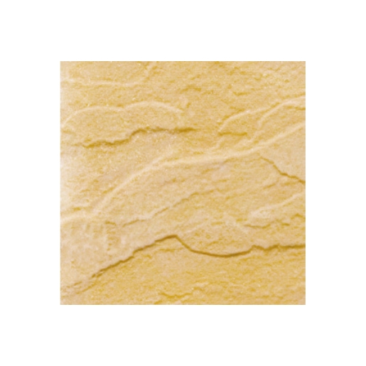 Buff-colored riven paving slab with a textured surface, measuring 450x450x32mm, designed for outdoor use by Bradstone.