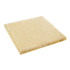 Textured buff paving slab measuring 450x450x32mm, featuring a rough surface and a warm yellow hue, ideal for outdoor patios and pathways.