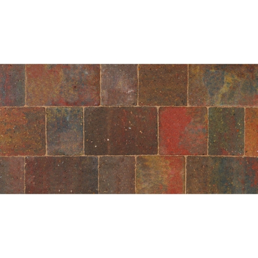 Rectangular concrete block paving in autumn hues, featuring a mix of earthy reds, browns, and greens, with a textured surface and dimensions of 134mm x 134mm x 50mm.