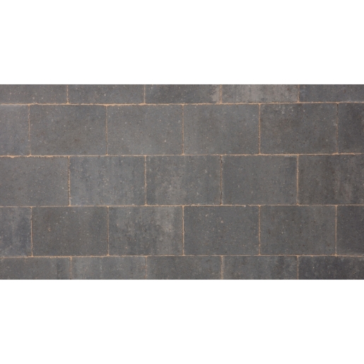 Graphite-colored concrete block paving with a textured surface, featuring rectangular blocks measuring 100mm x 134mm x 50mm, arranged in a neat pattern.