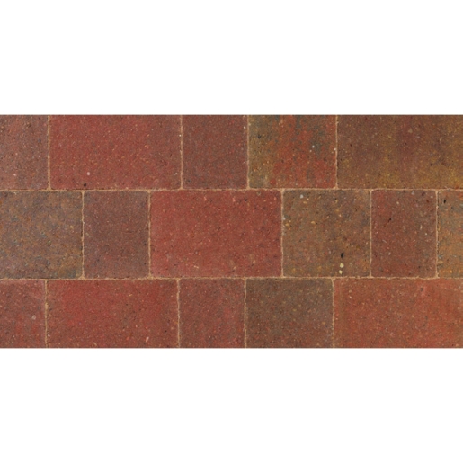 Rustic red and brown concrete block paving with a textured surface, featuring rectangular blocks measuring 100mm x 134mm x 50mm, arranged in a staggered pattern.