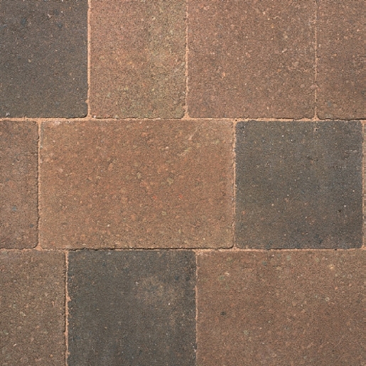 Rustic concrete block paving featuring a mix of earthy tones, including browns and dark grays, with a textured surface, each block measuring 200x134x50mm.
