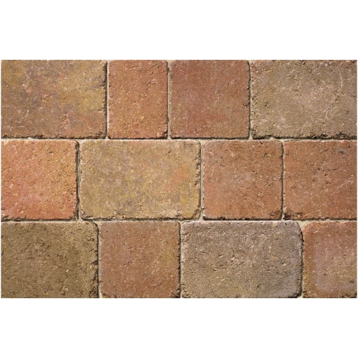 Rumbled concrete block paving in autumn hues, featuring a mix of warm browns, tans, and muted reds, with a textured surface, each block measuring 134mm x 134mm x 50mm.