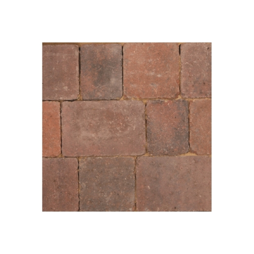 Rumbled concrete block paving in a brindle color, featuring a textured surface with varying shades of brown and grey, sized 134x134x50mm.