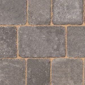 Rumbled concrete block paving in graphite color, featuring a textured surface and rectangular shape, measuring 200mm x 134mm x 50mm, arranged in a pack of 336.