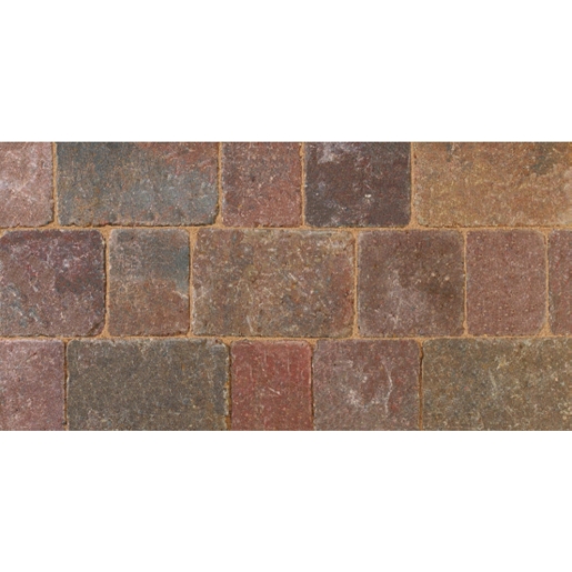 Rustic rumbled concrete block paving in shades of brown, grey, and red, featuring a textured surface, with each block measuring 134mm x 134mm x 50mm, available in a pack of 504.