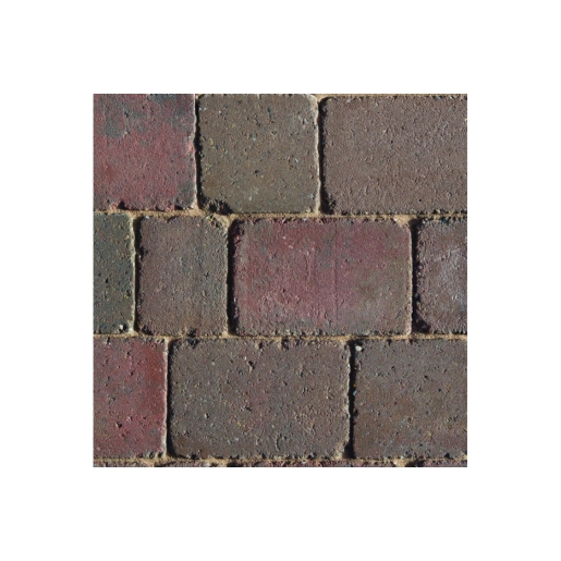 Rustic rumbled concrete block paving in shades of red and brown, featuring a textured surface, with dimensions of 200mm x 134mm x 50mm, ideal for outdoor use.