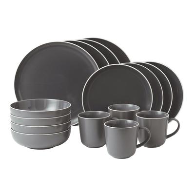 Slate gray dinnerware set featuring plates, bowls, and mugs with a smooth finish and subtle white rim detailing, designed for stylish dining.