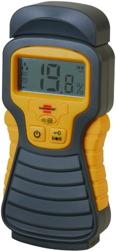 Brennenstuhl moisture meter featuring a yellow and gray design, large LCD display showing 19.8%, and buttons for power and settings, designed for battery operation.