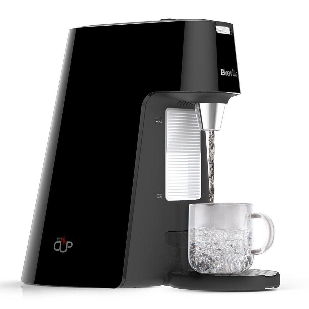 Black Breville HotCup Hot Water Dispenser Kettle with a sleek design, 1.7-litre capacity, rapid boil feature, and a spout pouring hot water into a clear glass mug.