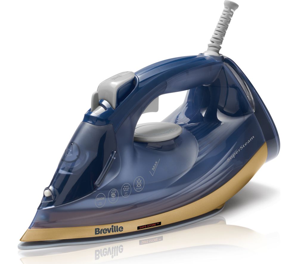 Breville Super Steam iron in navy blue with polished brass accents, featuring a sleek design, ergonomic handle, and control buttons for steam settings.