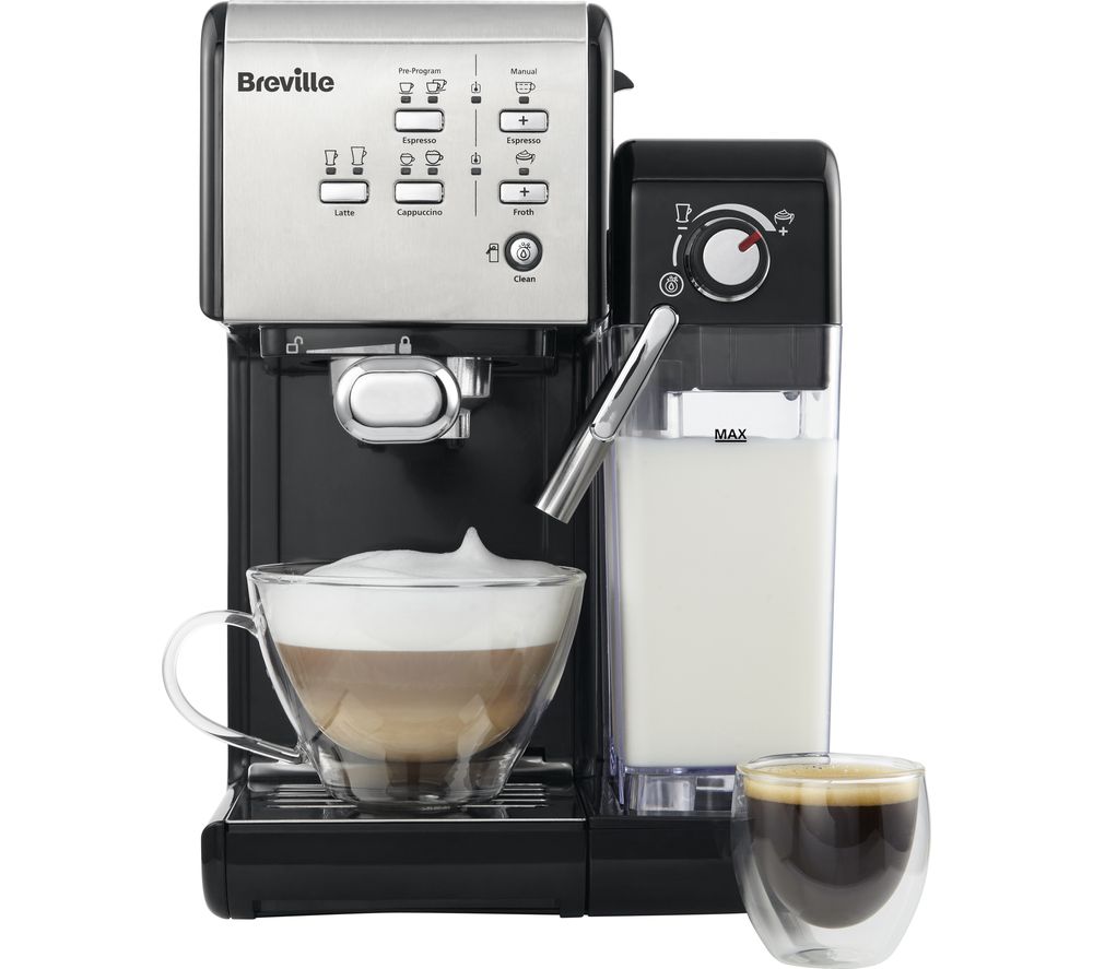 Breville One-Touch CoffeeHouse machine in stainless steel and black, featuring buttons for various coffee types, a milk frother, and two cups of espresso and cappuccino.