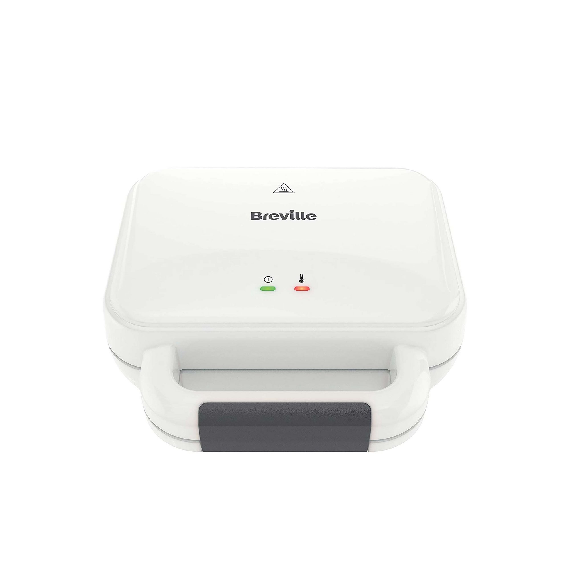 Compact white sandwich maker with a sleek design, featuring a black handle and indicator lights for power and readiness, made by Breville.