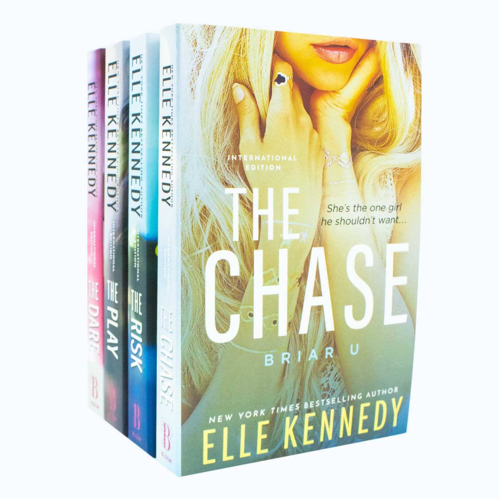 Briar U Series collection by Elle Kennedy featuring four colorful paperback books: "The Chase," "The Risk," "The Play," and "The Dare," with vibrant covers and bold typography.