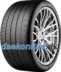 Black high-performance tire with a sleek tread pattern, labeled "Bridgestone Potenza," featuring rim protection and a size of 265/35 ZR20 (99Y) XL EVc.