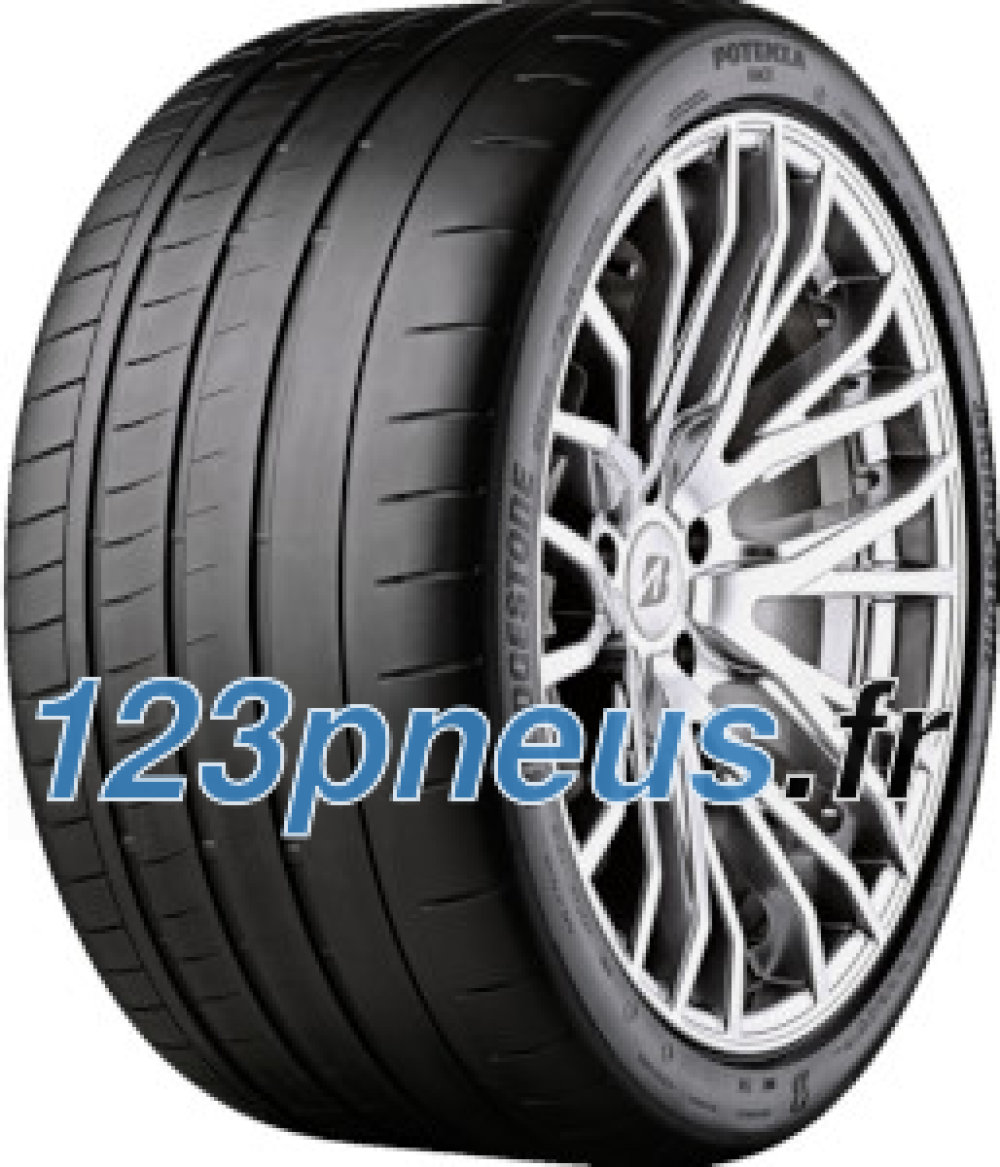 Black performance tire with a sleek tread pattern, labeled "Potenza" and "Bridgestone," featuring rim protection and a size of 305/30 ZR20, designed for rear wheels.