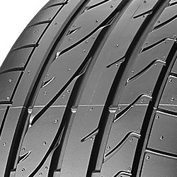 Black rubber tire with a sleek tread pattern, featuring rim protection and labeled "Bridgestone Potenza RE 050 a I RFT 255/35 R18 94Y XL," designed for runflat performance.