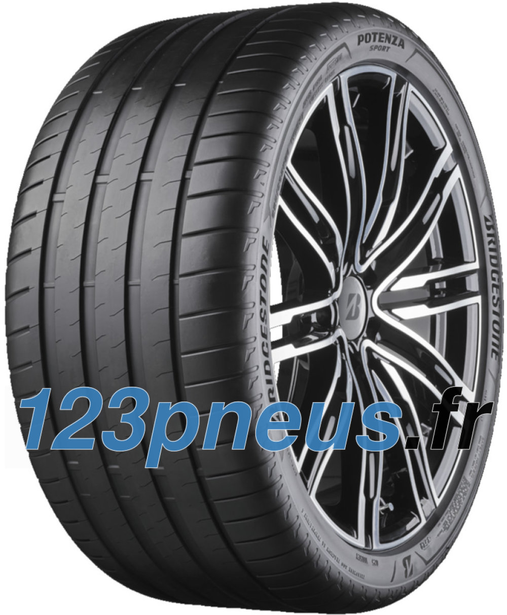Black performance tire with a sleek tread pattern, labeled "Bridgestone Potenza Sport 255/50 R20 109V XL Enliten / EV, FSR," featuring shiny multi-spoke alloy wheel design.