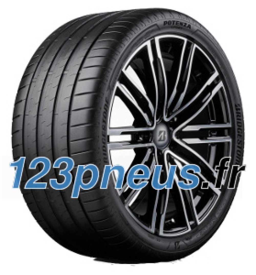 Black high-performance tire with a sleek tread pattern, featuring a glossy black alloy rim, labeled "Bridgestone Potenza Sport RFT," and designed for runflat capability.