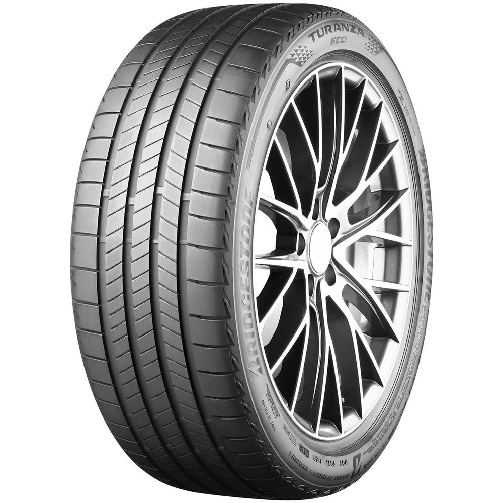 Bridgestone Turanza Eco 235/55 R18 summer tyre featuring a sleek black rubber design, prominent tread patterns, and a stylish alloy wheel with a multi-spoke finish.