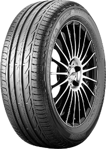 Bridgestone TURANZA T001 RFT RF 225/45 R17 91W summer tire featuring a sleek black rubber design with a detailed tread pattern and a stylish alloy wheel.