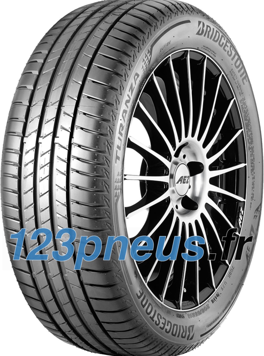 Black tire with a sleek tread pattern, labeled "Bridgestone Turanza T005," featuring rim protection and mounted on a stylish alloy wheel with a multi-spoke design.