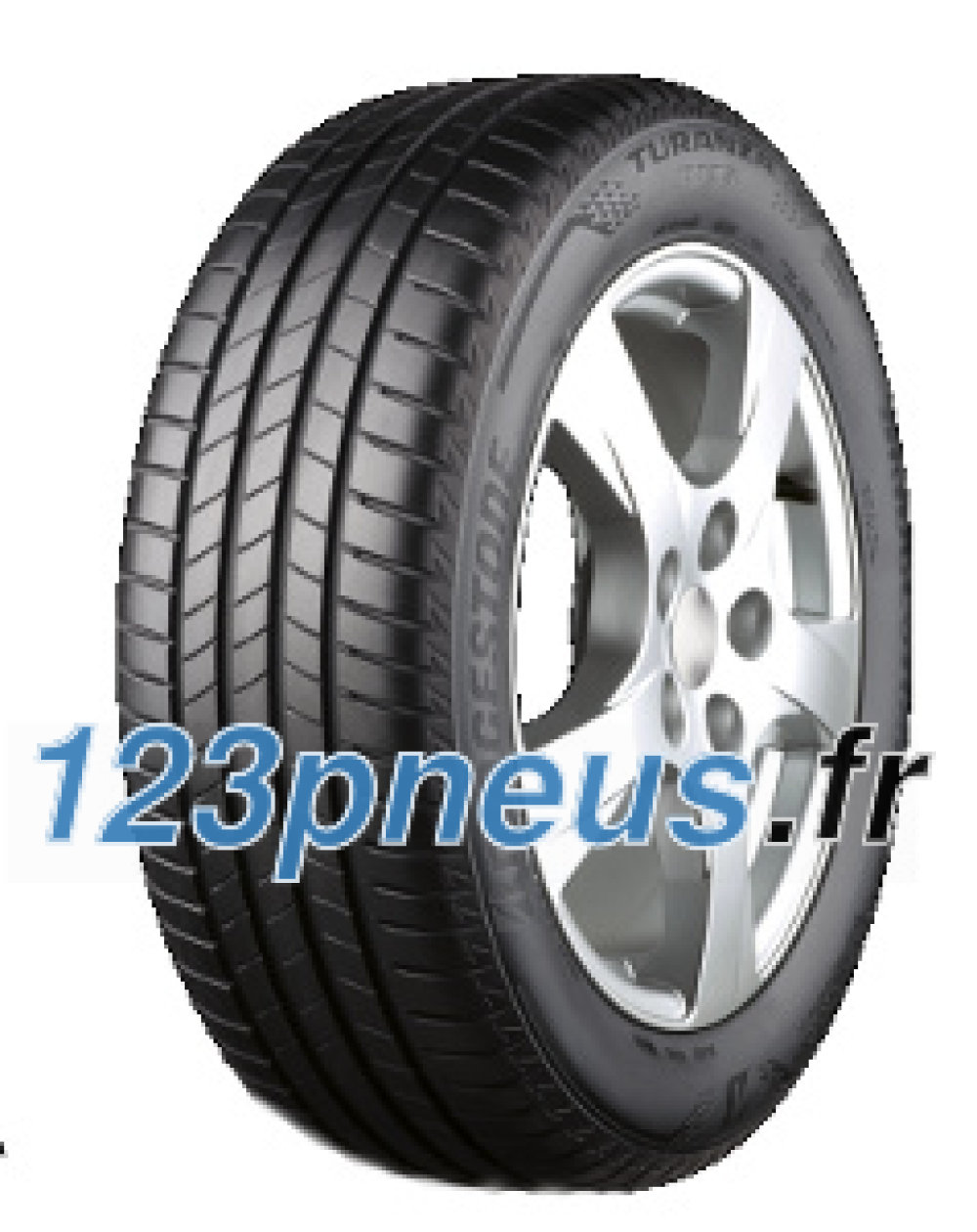 Bridgestone Turanza T005 RFT tire in size 245/45 R20, featuring a sleek black rubber surface, deep tread grooves, and rim protection, mounted on a silver alloy wheel.