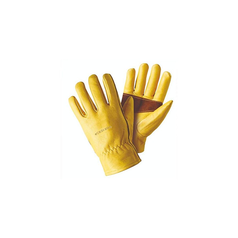 Golden leather gloves with a textured finish, featuring a reinforced thumb and an open palm design for flexibility, ideal for gardening and outdoor tasks.