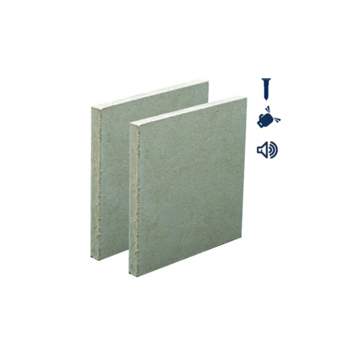 Two pieces of 15mm thick, tapered edge plasterboard in a light green color, measuring 2400mm x 1200mm, designed for sound insulation and moisture resistance.