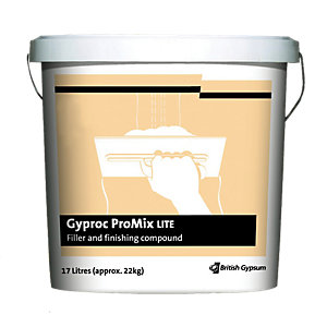 White plastic bucket with a gray lid, labeled "Gyproc ProMix Lite" in black and orange, containing 17 liters of joint cement for filling and finishing.