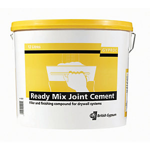 White bucket with a yellow lid labeled "Gyproc Ready Mix Joint Cement 12L" by British Gypsum, featuring a graphic of a trowel and text highlighting its use for drywall systems.