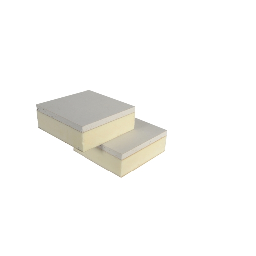 Two pieces of British Gypsum Gyproc Thermaline PIR tapered edge insulated plasterboard, featuring a grey top layer and a yellow insulating core, measuring 2400mm x 1200mm x 53mm.