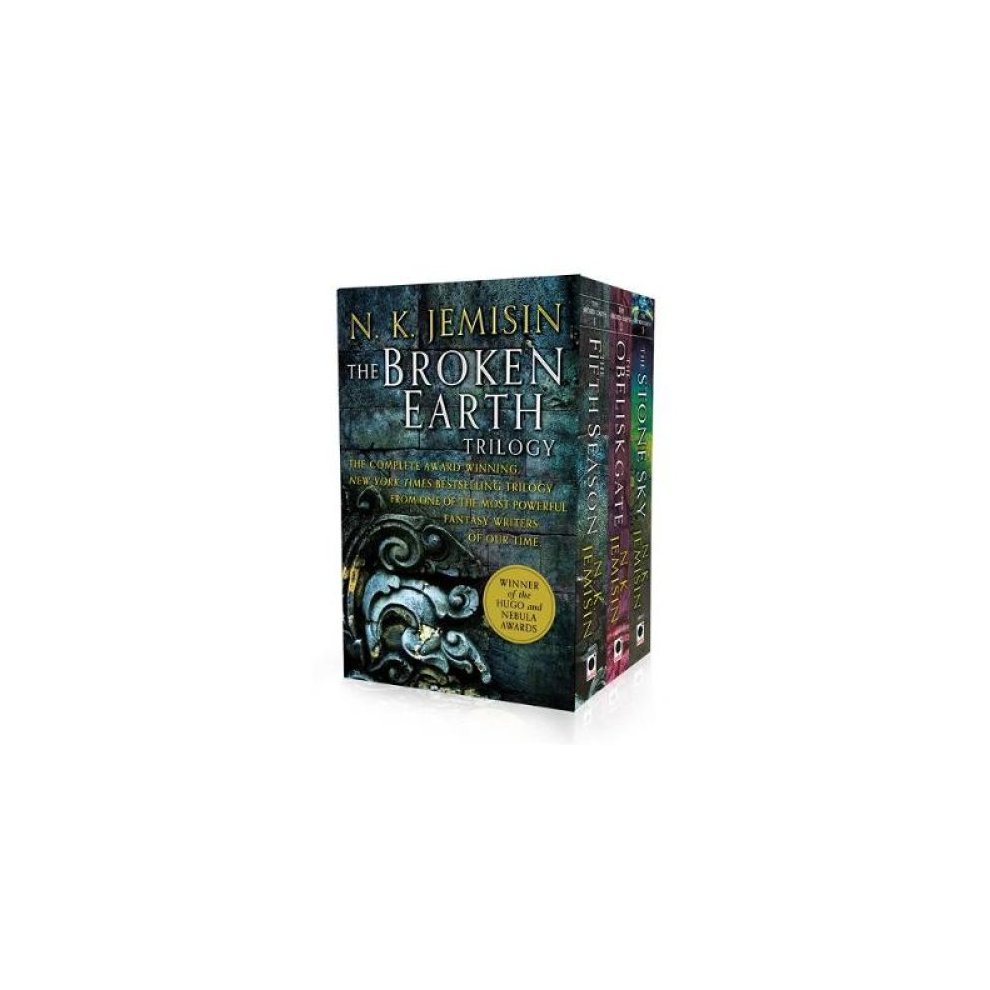 Box set of "The Broken Earth Trilogy" by N.K. Jemisin featuring three books in a colorful, textured slipcase with intricate designs and gold lettering on the cover.