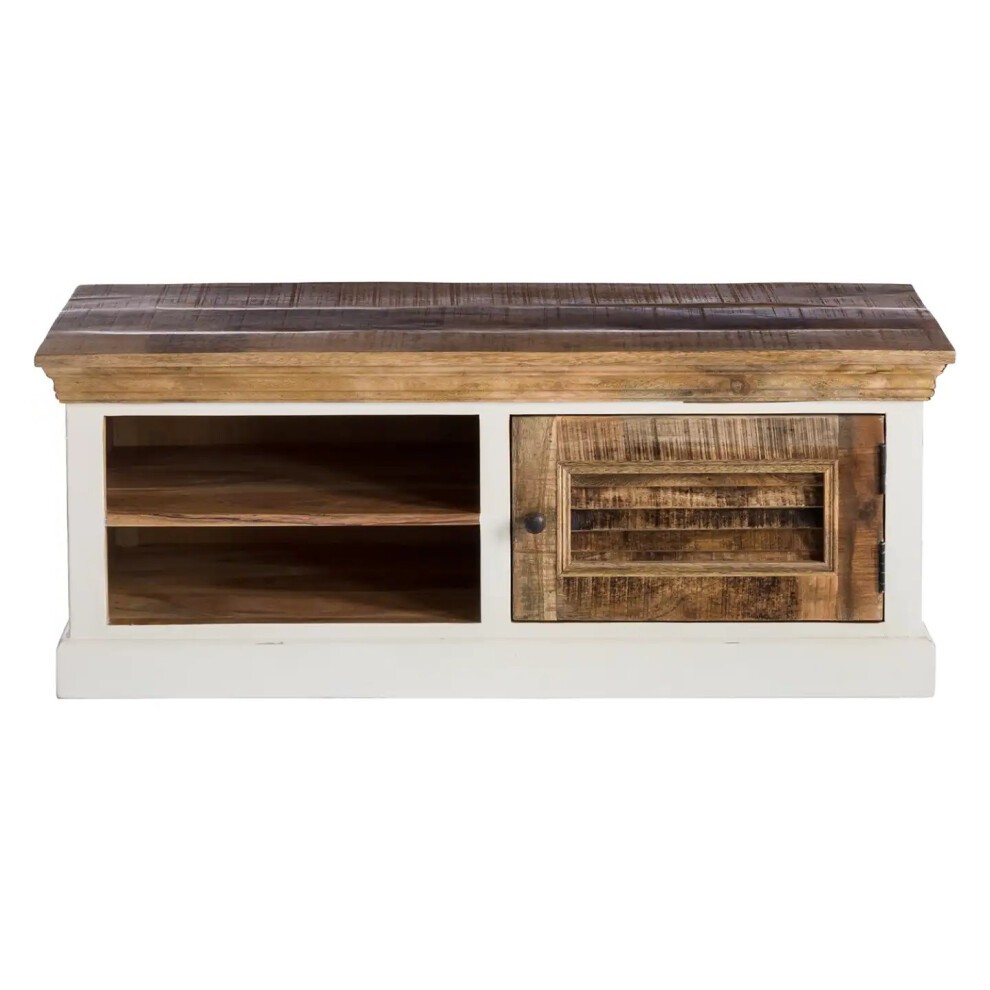 Alfie Wood Shoe Rack & Hanger Wall Hook Set features a rustic design with a natural wood finish, a white base, open shelving, and a cabinet with a slatted door for storage.