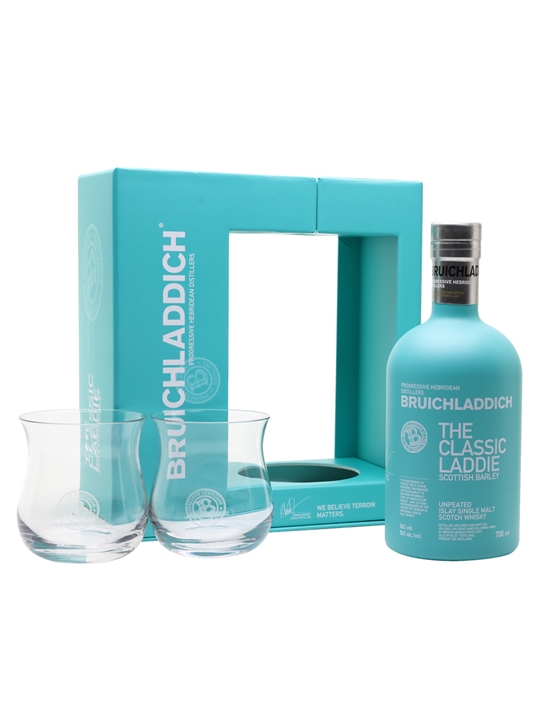 A turquoise gift box containing a bottle of Bruichladdich The Classic Laddie whisky and two clear glass tumblers.