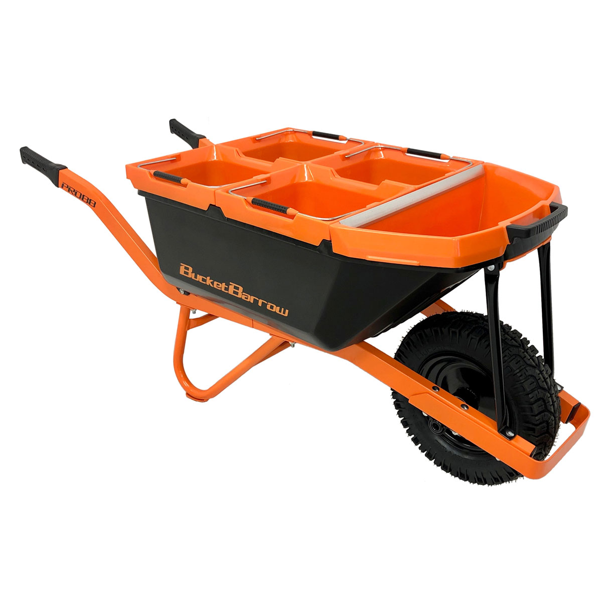 Orange and black BucketBarrow Pro88 wheelbarrow kit features a sturdy plastic tub with four compartments, a metal frame, and a large rubber tire for easy maneuverability.