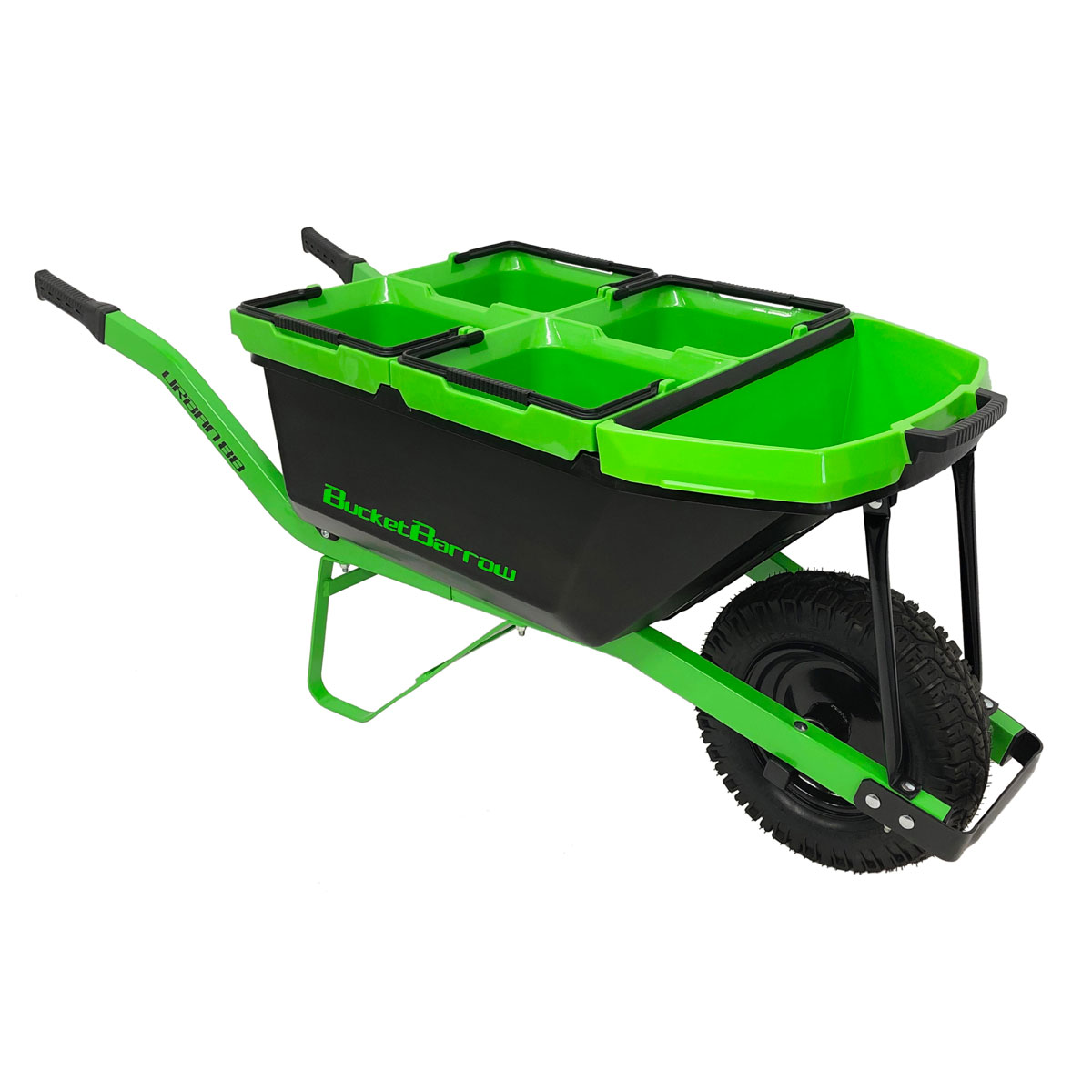 Bright green and black wheelbarrow with a sturdy plastic bucket featuring four compartments, mounted on a metal frame with large rubber tires for easy maneuverability.