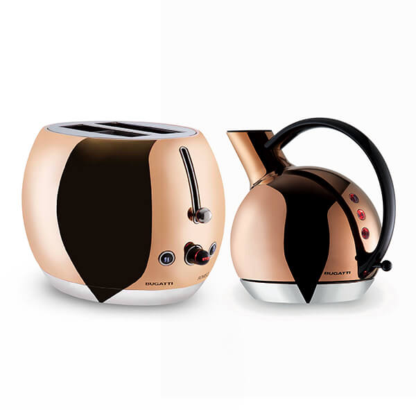 Rose gold kettle and toaster set by Bugatti featuring a sleek, rounded design with glossy black accents and stylish control knobs, perfect for modern kitchens.