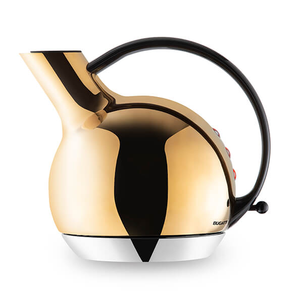 Gold-colored stainless steel kettle with a sleek, rounded design, black handle, and red buttons on the base, featuring a polished chrome accent at the bottom.