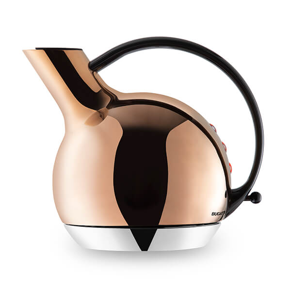 Rose gold kettle with a sleek, rounded design, black handle, and silver base, featuring a modern spout and red temperature control buttons.