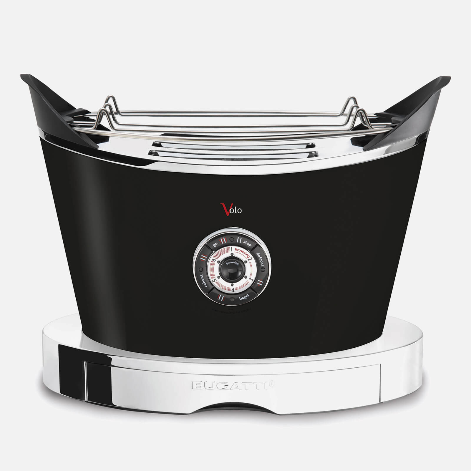 Sleek black Bugatti Volo toaster with a curved design, chrome accents, a central dial for settings, and a stylish base, perfect for modern kitchens.