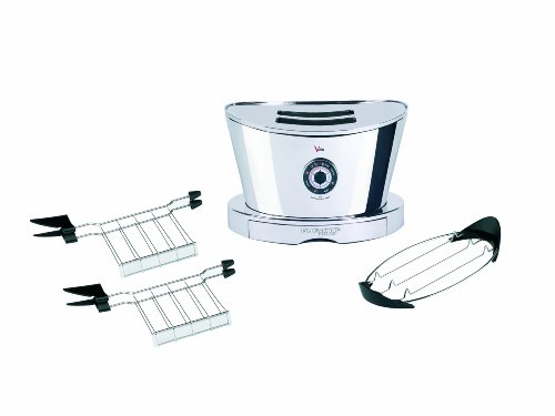 Sleek chrome toaster with a distinctive curved design, featuring a central control dial and two removable wire racks for toasting, accompanied by a black plastic base.