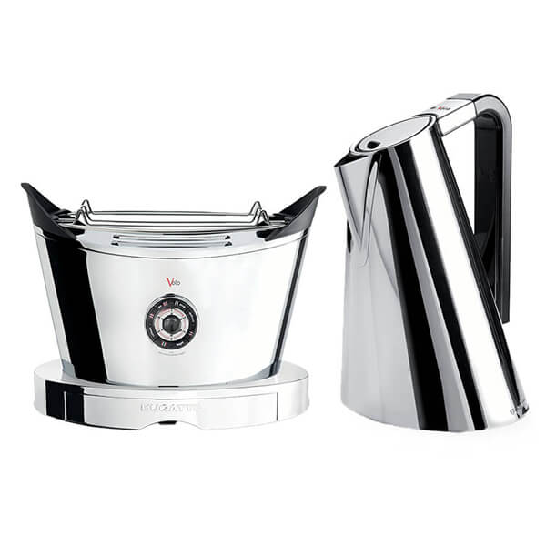 Chrome kettle with a sleek, modern design and a curved handle, paired with a stylish toaster featuring a round control dial and a shiny finish.