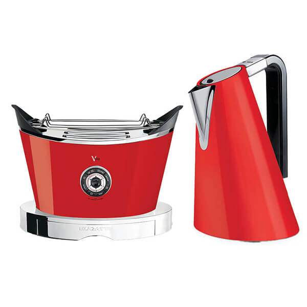 Red Bugatti Vera Easy Kettle and Volo Toaster set featuring sleek, modern designs with chrome accents and a distinctive kettle shape, perfect for stylish kitchens.