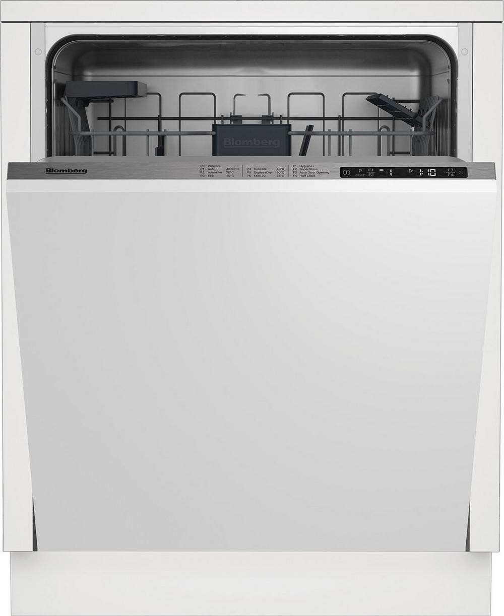 Blomberg LDV42320 built-in dishwasher in sleek stainless steel with a white front, featuring a spacious interior for 14 place settings and a digital control panel.