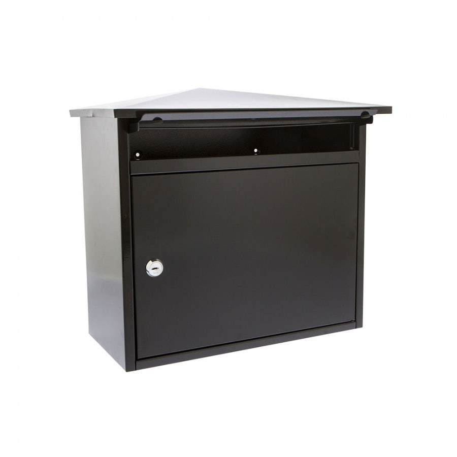 Black galvanised steel post box with a slanted roof, front access door, key lock, and a mail slot at the top for secure mail delivery.