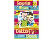 Colorful book cover featuring two cartoon children, a boy and a girl, smiling against a striped background with butterflies, sunglasses, and a heart, titled "Butterfly Beach" by Jacqueline Wilson.