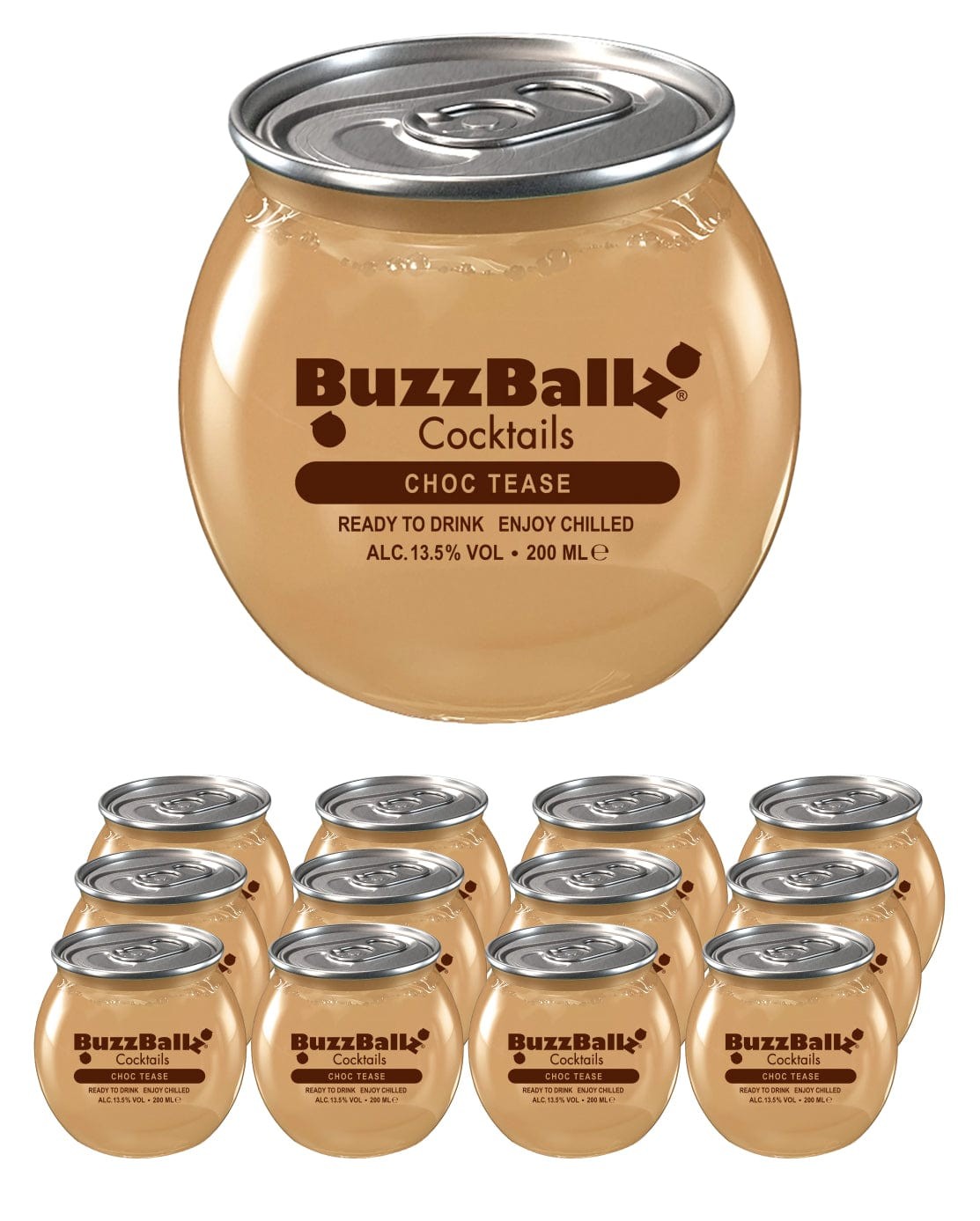 Twelve round, clear plastic containers of BuzzBallz Choc Tease cocktail, each with a silver metal lid, showcasing a creamy beige drink inside, labeled with vibrant colors.